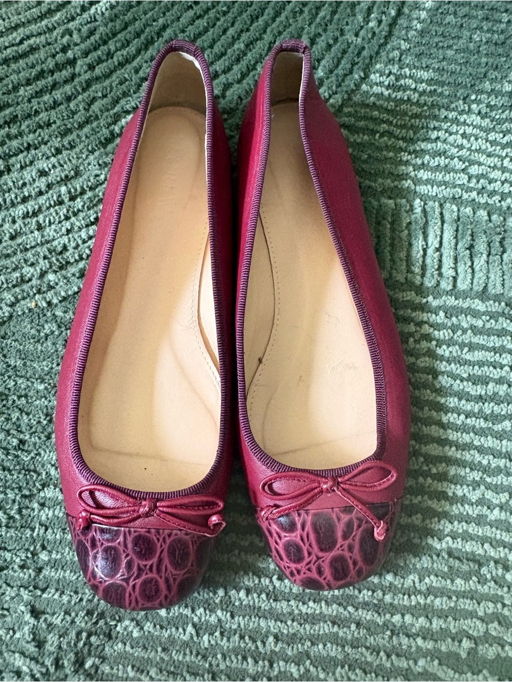 J. Crew Burgundy Croc-Detail Ballet Flats with Bow